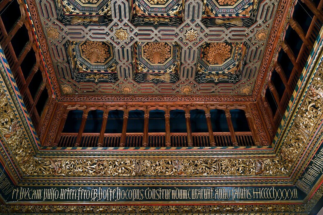 Spain, Aragon Region, Zaragoza Province, Zaragoza, the Palacio de la Aljaferia, the Aragon Parliament, listed as World Heritage by UNESCO, painted and ornamented ceiling of the throne room
