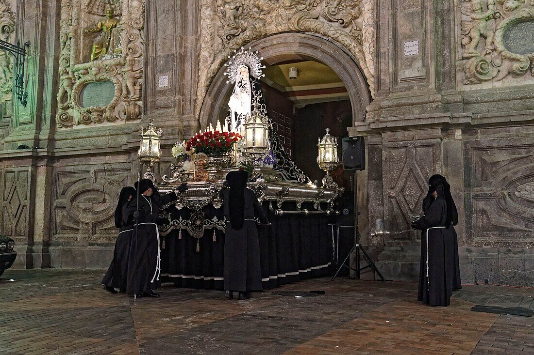 Spain, Aragon Region, Zaragoza Province, Zaragoza, Religious float being carried through the streets during Semana Santa, (Holy Week) celebrations, Church of Santa Isabel de Portugal