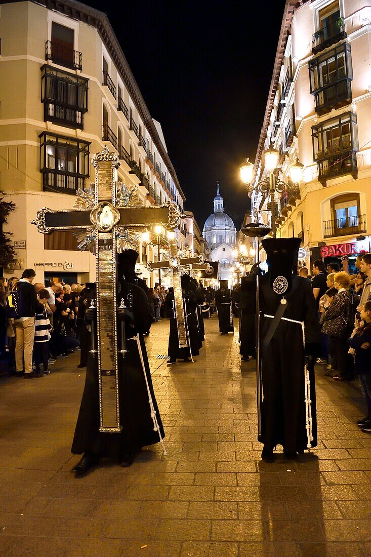 Spain, Aragon Region, Zaragoza Province, Zaragoza, Semana Santa (Holy Week) celebrations, Basilica de Nuestra Senora de Pilar in the background