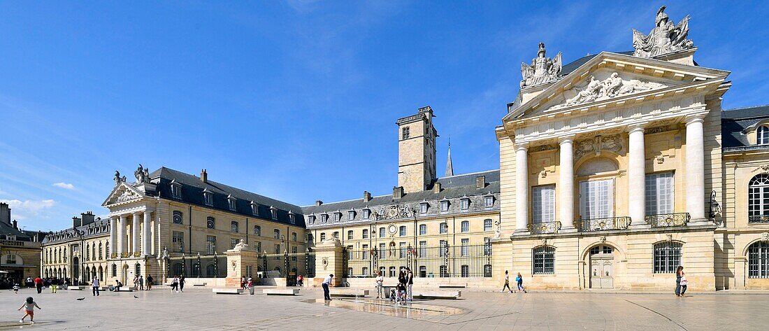 Frankreich, Cote d'Or, Dijon, von der UNESCO zum Weltkulturerbe erklärtes Gebiet, Brunnen auf dem Place de la Libération (Platz der Befreiung) vor dem Turm Philippe le Bon (Philipp der Gute) und dem Palast der Herzöge von Burgund, in dem das Rathaus und das Museum der Schönen Künste untergebracht sind