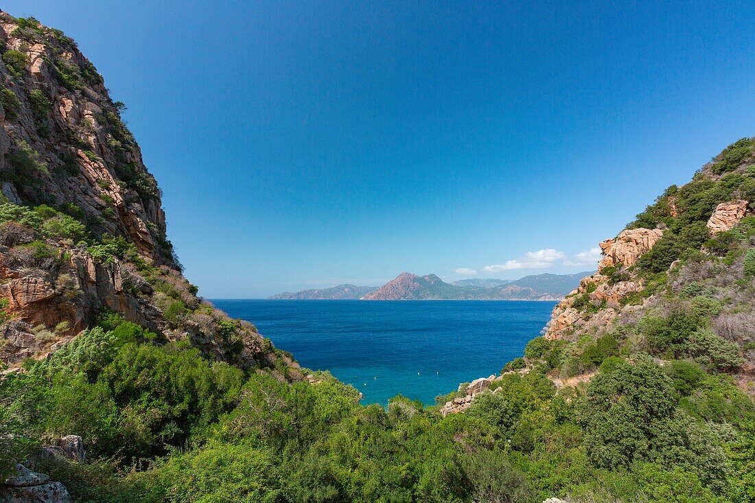 France, Corse du Sud, Gulf of Porto, Capo Rosso, Anse de Ficajola and the Scandola reserve in the background