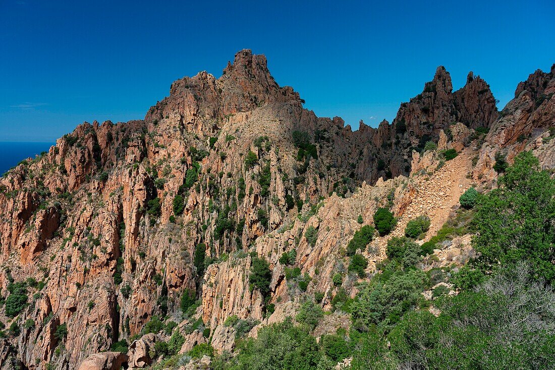 Frankreich, Corse du Sud, Golf von Porto, von der UNESCO zum Weltkulturerbe erklärt, Piana-Ufer mit rosa Granitfelsen