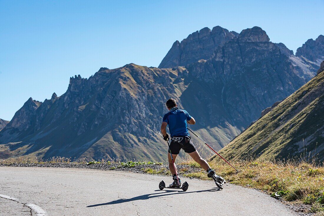 France, Savoie, Valloire, massif des Cerces, cycling ascension of the Col du Galibier, one of the routes of the largest bike domain in the world, ascent ski roulette to the hamlet of Granges and the grand Galibier