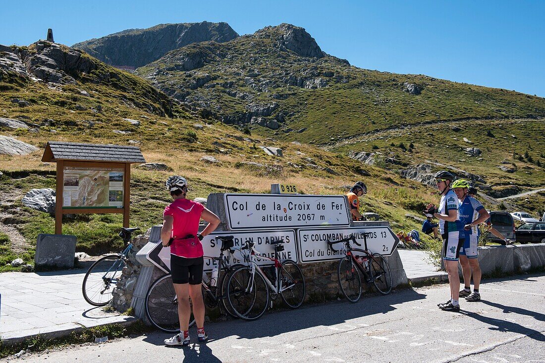 France, Savoie, Saint Jean de Maurienne, the largest bike trail in the world was created within a radius of 50 km around the city. Cyclists at the top of the Iron Cross Pass