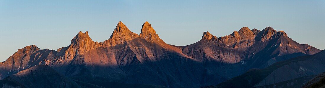 France, Savoie, Saint Jean de Maurienne, the largest cycling area in the world was created within a radius of 50 km around the city. Pass of the Iron Cross, panoramique views of the sunset on the needles of Arves