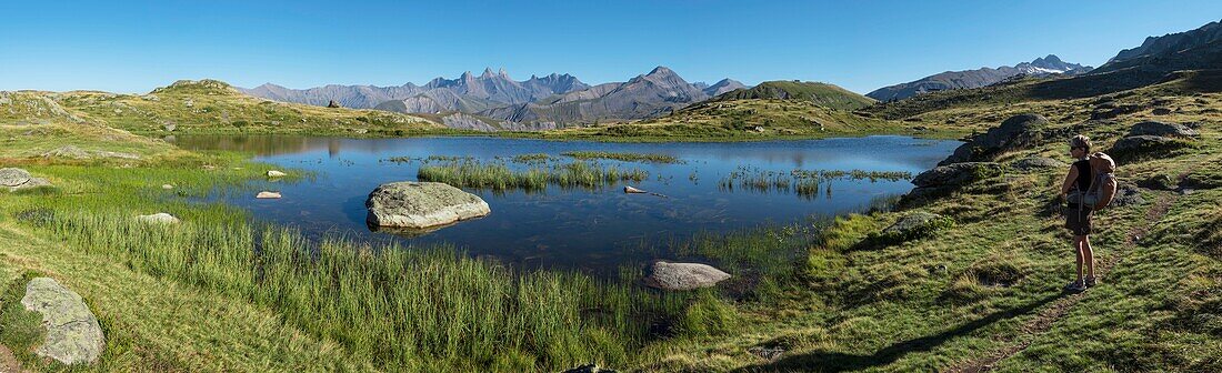 France, Savoie, Saint Jean de Maurienne, not far from the cross of the Iron Cross, panoramic view of the needles of Arves and Lake Guichard