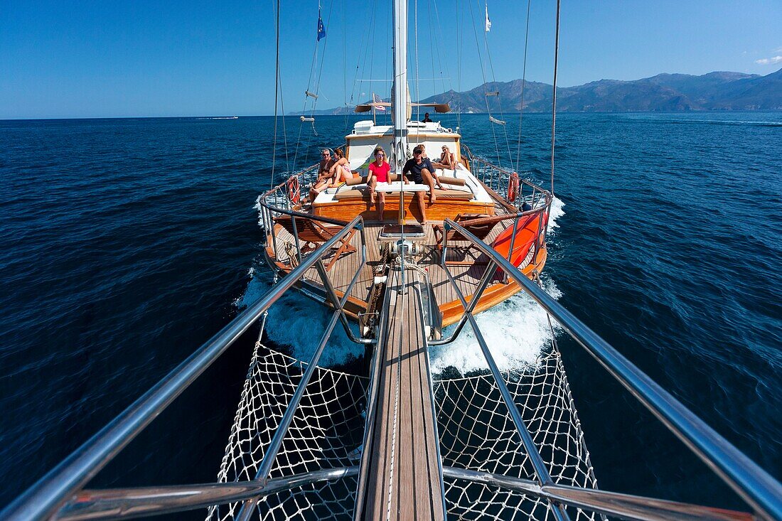 France, Haute Corse, Gulf of Saint Florent, the gulet type wooden boat of Jacques Croce, Aliso day Cruise compulsory mention