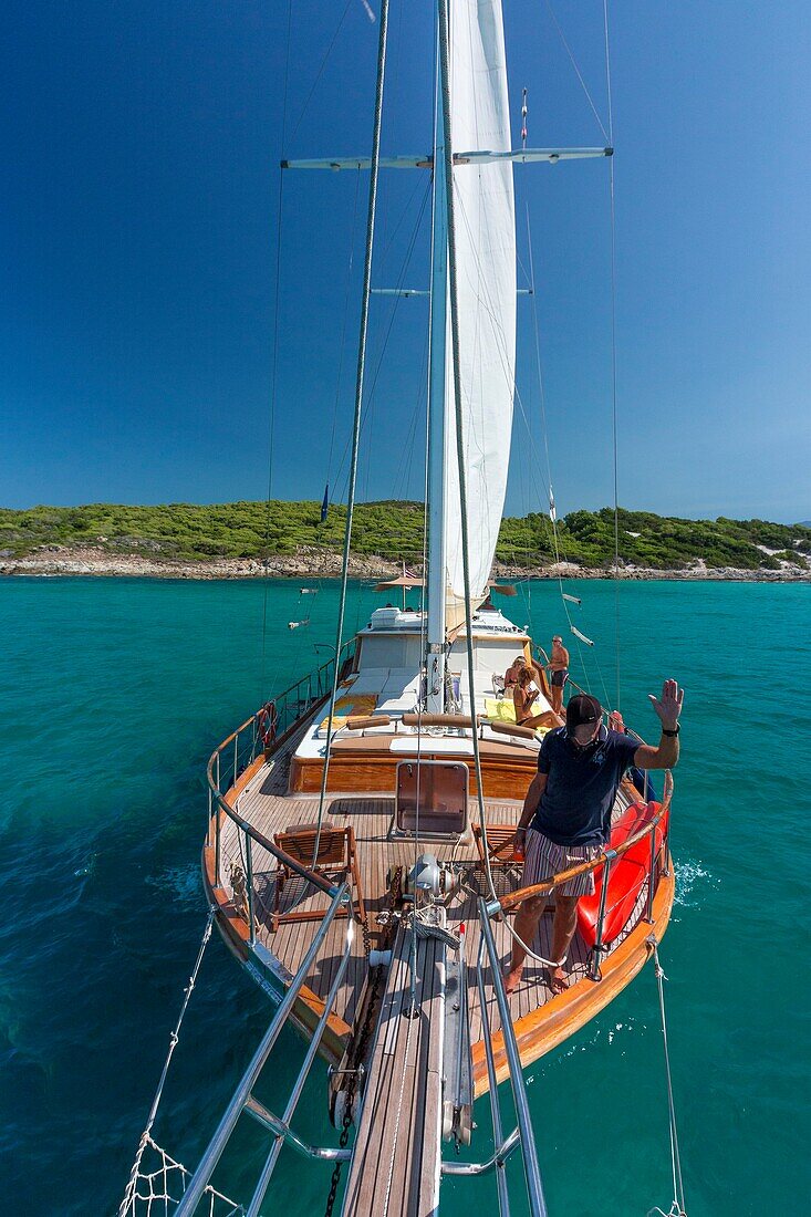 France, Haute Corse, Gulf of Saint Florent, the gulet type wooden boat of Jacques Croce, Aliso day Cruise compulsory mention