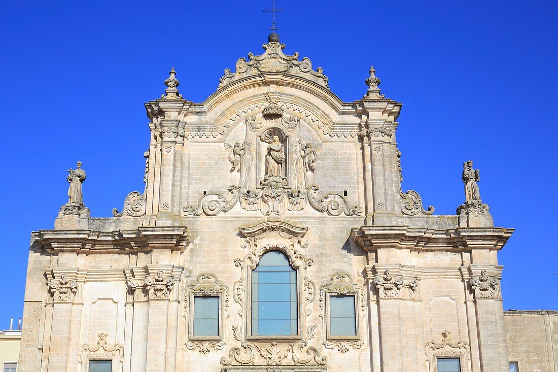 Italy, Basilicata, Matera, European Capital of Culture 2019, Piazza San Francesco, Baroque facade (18th century) by the architects Vito Valentino and Tommaso Pennetta of the Church of St. Francis of Assisi (San Francesco d'Assisi)