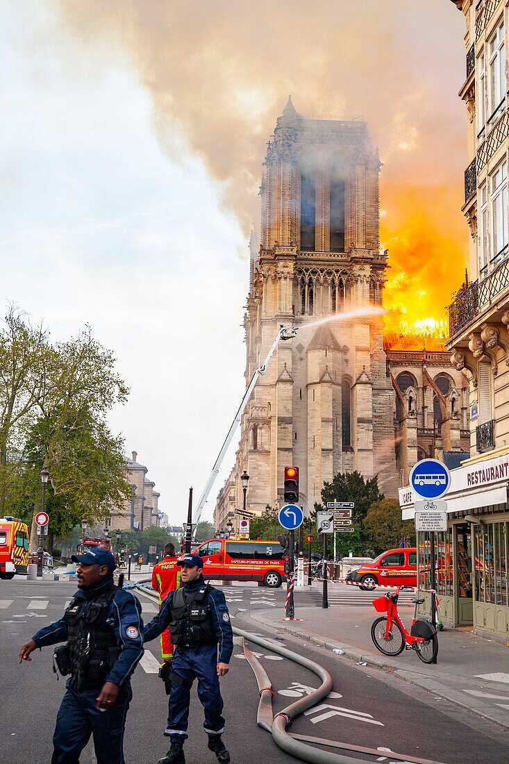 Frankreich, Paris, Gebiet, das zum UNESCO-Welterbe gehört, Kathedrale Notre-Dame de Paris, Feuer, das die Kathedrale am 15. April 2019 verwüstet hat