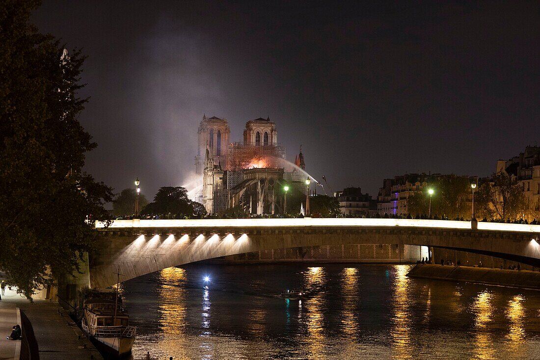 Frankreich, Paris (75), von der UNESCO zum Weltkulturerbe erklärtes Gebiet, Seine-Ufer, Ile de la Cité und Kathedrale Notre-Dame während des Brandes am 15.04.2019