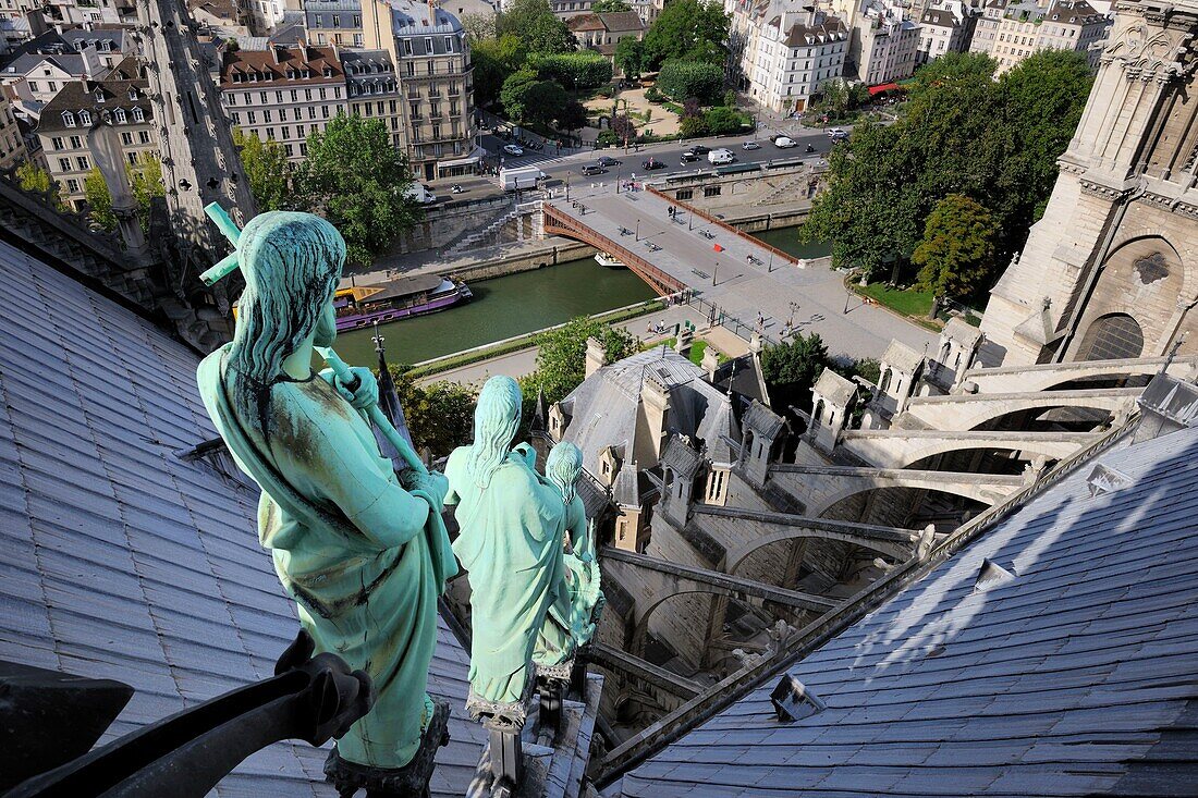 France, Paris, area listed as World Heritage by UNESCO, Ile de la Cite, Notre Dame Cathedral seen from the spire that dominates the statues of green copper of twelve apostles