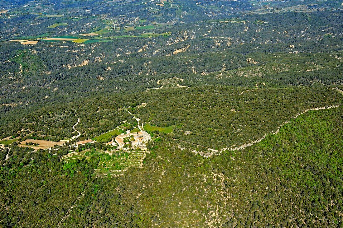 France, Alpes de Haute Provence, Durance Valley, Ganagobie, monastery and abbey Notre Dame de Ganagobie (aerial view)