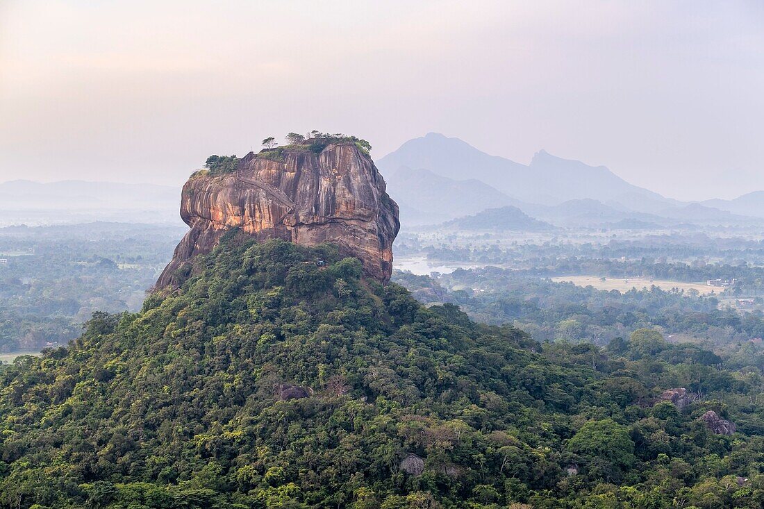 Sri Lanka, Central province, Sigiriya, view from Pidurangala rock over the Lion Rock, archaeological site of the former Sri Lankan royal capital, a UNESCO World Heritage Site