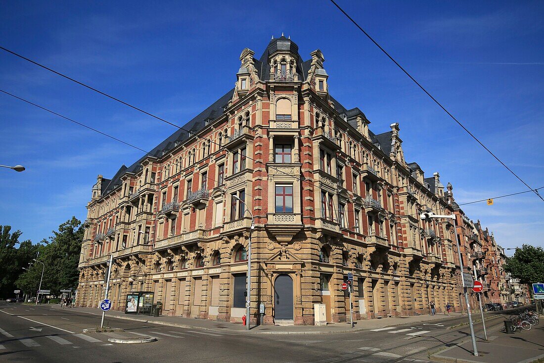 France, Bas Rhin, Strasbourg, district of Neustadt dating from the German period listed as World Heritage by UNESCO, La Gallia building (former Germania) at 1, Quai du Maire Dietrich, This building originally housed the headquarters of Germania insurance, housing, shops and a restaurant.