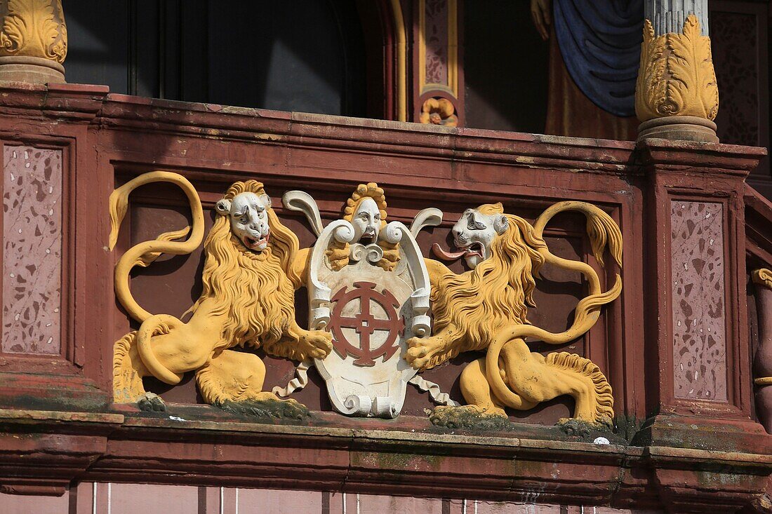 France, Haut Rhin, Mulhouse, Place de la Reunion, Detail of the facade of the Town Hall