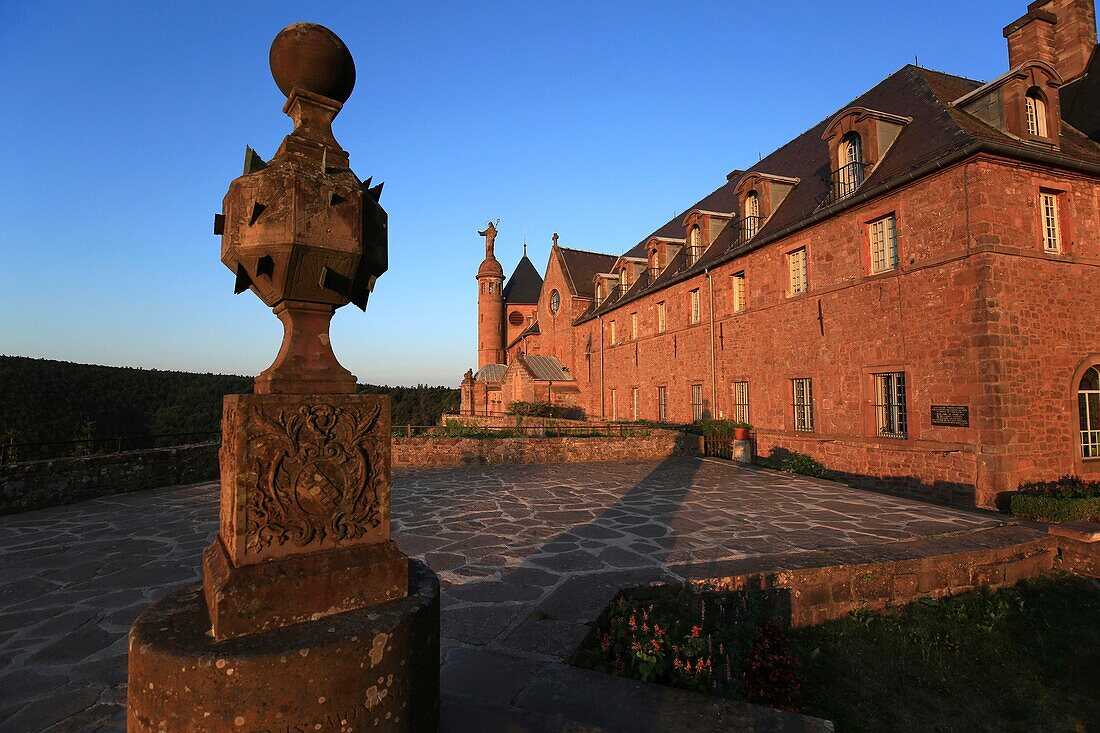 France, Bas Rhin, Ottrott, Mont Saint Odile, Mont Sainte Odile is a Vosges mountain, culminating at 764 meters above sea level, It is surmounted by the Hohenbourg Abbey, a convent overlooking the plain of Alsace