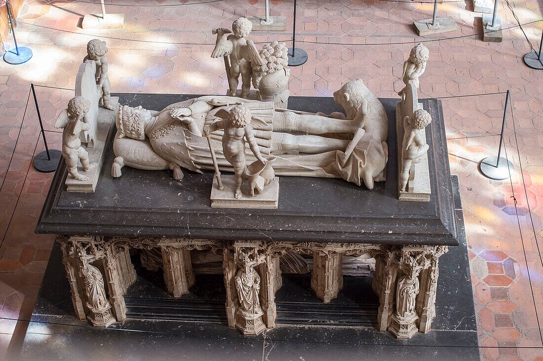 France, Ain, Bourg en Bresse, Royal Monastery of Brou restored in 2018, the church of Saint Nicolas de Tolentino masterpiece of Flamboyant Gothic, in the middle of the choir the shrine of Philibert II