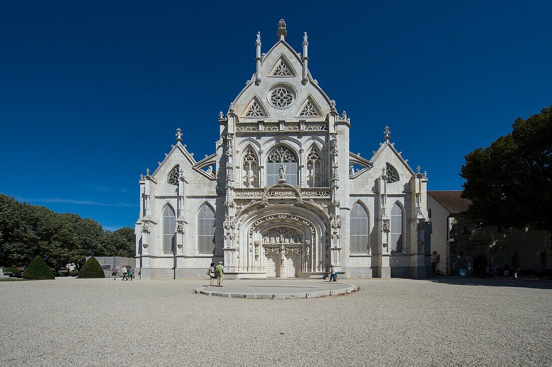 France, Ain, Bourg en Bresse, Royal Monastery of Brou restored in 2018, the church of Saint Nicolas de Tolentino masterpiece of Flamboyant Gothic, detail of the west facade