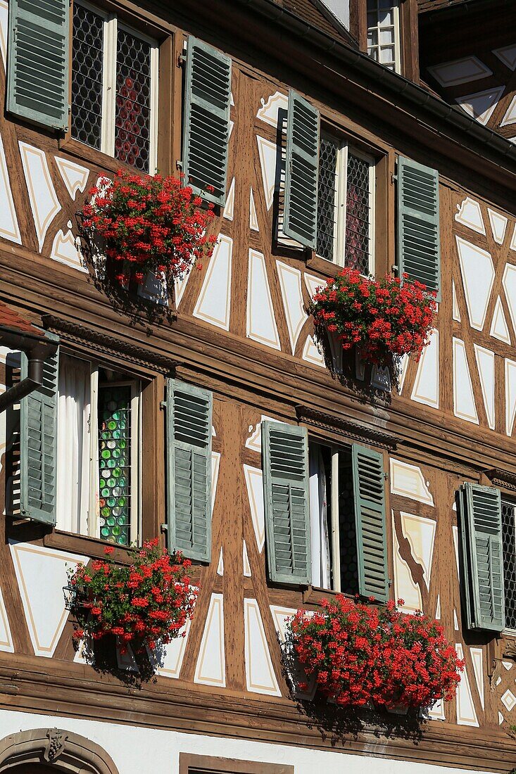 France, Haut Rhin, Turckheim, Turckheim, Detail of a facade Place Turenne