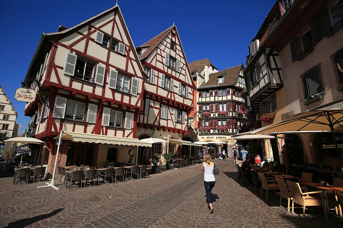 France, Haut Rhin, Colmar, cafe terraces in the Rue des Marchands