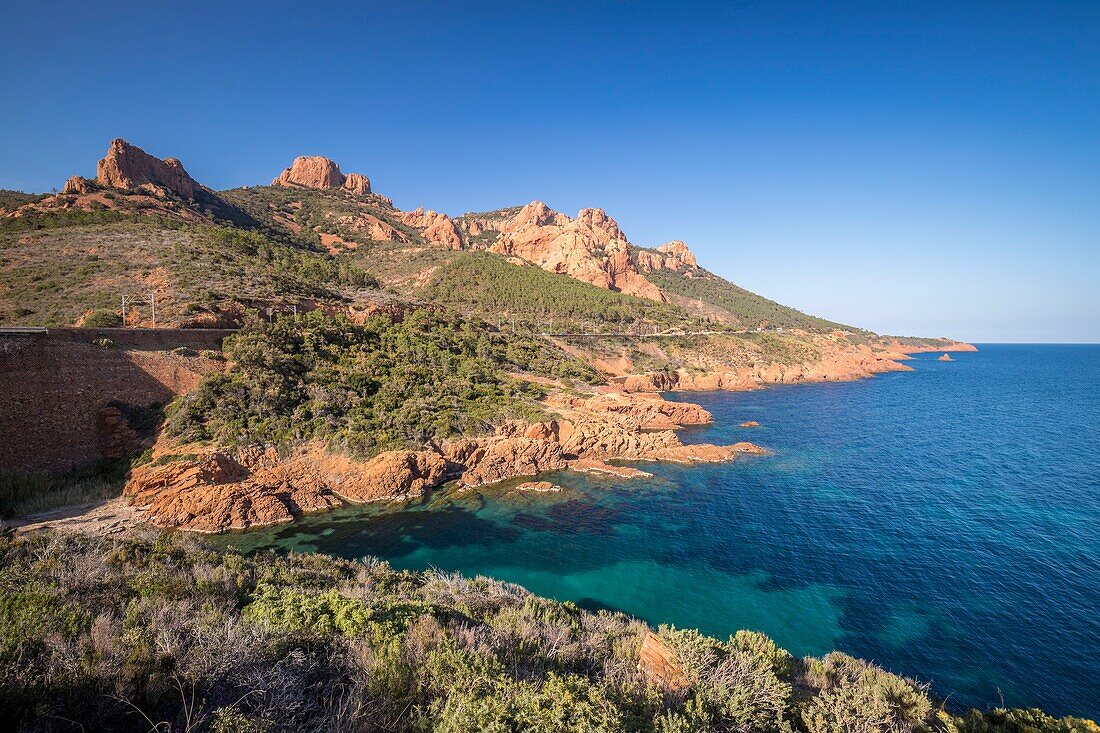 France, Var, Saint Raphael, littoral road of the Corniche d'Or, creek of Petit Caneiret to Antheor, in the background the Esterel massif and the peaks of the Cap Roux