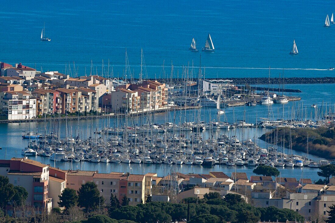 France, Herault, Agde, Cape of Agde, the Marina seen from Saint-Loup Mount