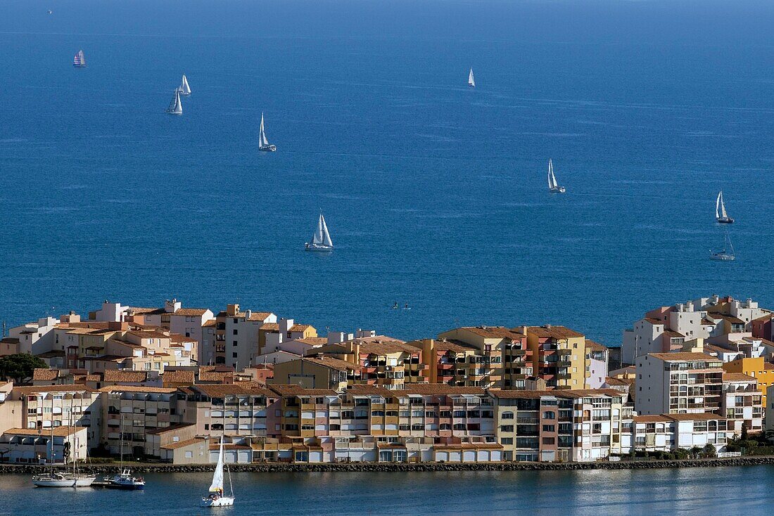 France, Herault, Agde, Cape of Agde, the Marina seen from Saint-Loup Mount