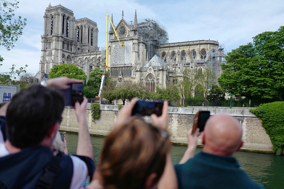 Frankreich, Paris, von der UNESCO zum Weltkulturerbe erklärtes Gebiet, Ile de la Cite, Kathedrale Notre Dame nach dem Brand vom 15. April 2019