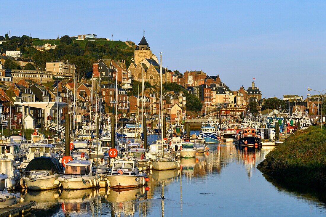 France, Seine Maritime, Le Treport, the fishing harbour and Saint Jacques church