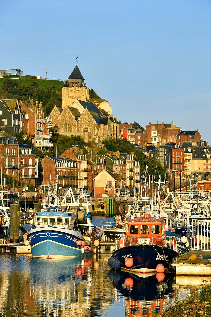 France, Seine Maritime, Le Treport, the fishing harbour and Saint Jacques church