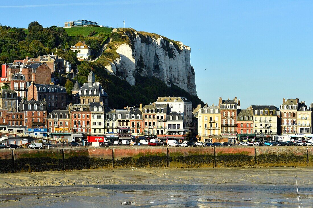 France, Seine Maritime, Le Treport, quay Francois I with old town hall from 1882 and the cliffs