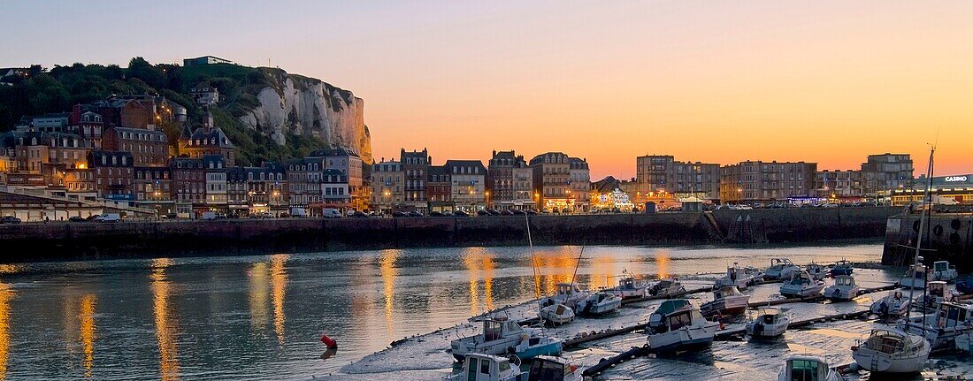 France, Seine Maritime, Le Treport, fishing harbour with quay Francois I and the cliffs