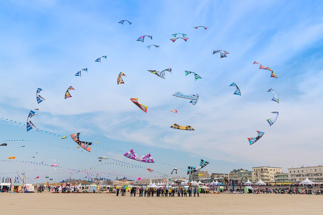 France, Pas de Calais, Opale Coast, Berck sur Mer, Berck sur Mer International Kite Meetings, during 9 days the city welcomes 500 kites from all over the world for one of the most important kite events in the world