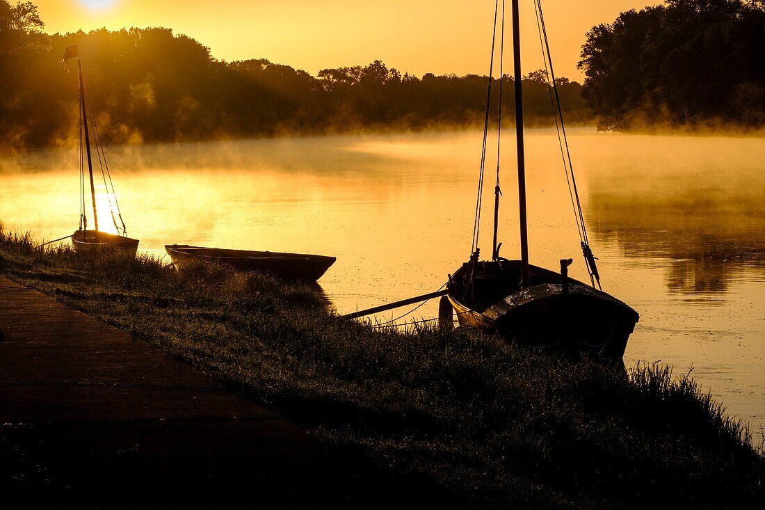 Frankreich, Indre et Loire, Loiretal als Welterbe der UNESCO, Chouze sur Loire, der Kai entlang der Loire, traditionelle Boote der Loire