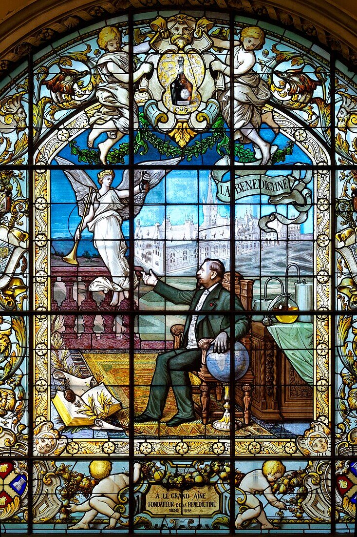 France, Seine Maritime, Pays de Caux, Alabaster Coast, Fecamp, the Gothic Revival and Neo-Renaissance Benedictine Palace, built in the late 19th century, is both the place of production of Benedictine liqueur and Museum, Dome hall, stained glass depicting Alexander Le Grand the producer of the Benedictine herbal liquor