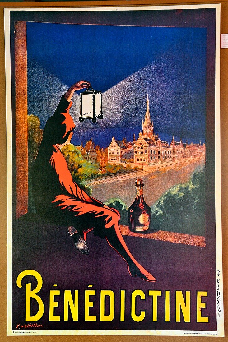 France, Seine Maritime, Pays de Caux, Alabaster Coast, Fecamp, the Gothic Revival and Neo-Renaissance Benedictine Palace, built in the late 19th century, is both the place of production of Benedictine liqueur and Museum, ancient poster