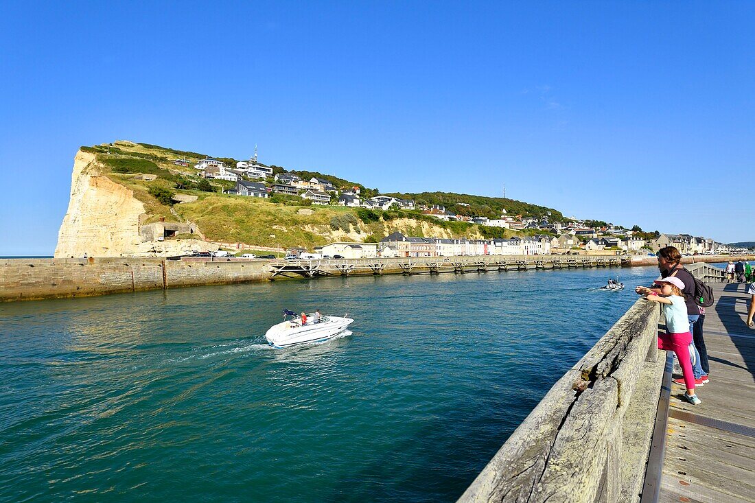 France, Seine Maritime, Pays de Caux, Cote d'Albatre (Alabaster Coast), Fecamp, wooden footbridge at the entrance of the harbour