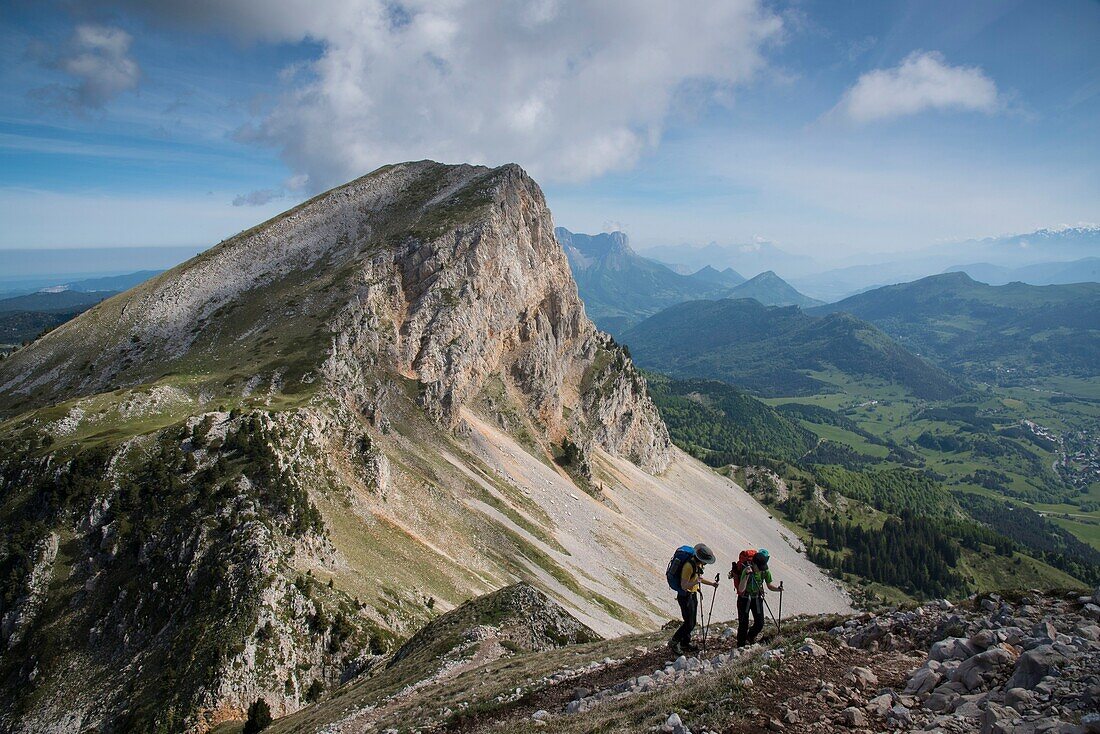 France, Drome, Vercors Regional Natural Park, Gresse en Vercors, trek to the Grand Veymont highest peak of the massif, 2 hikers above the Pas de la Ville and the summit of Pierre Blanche