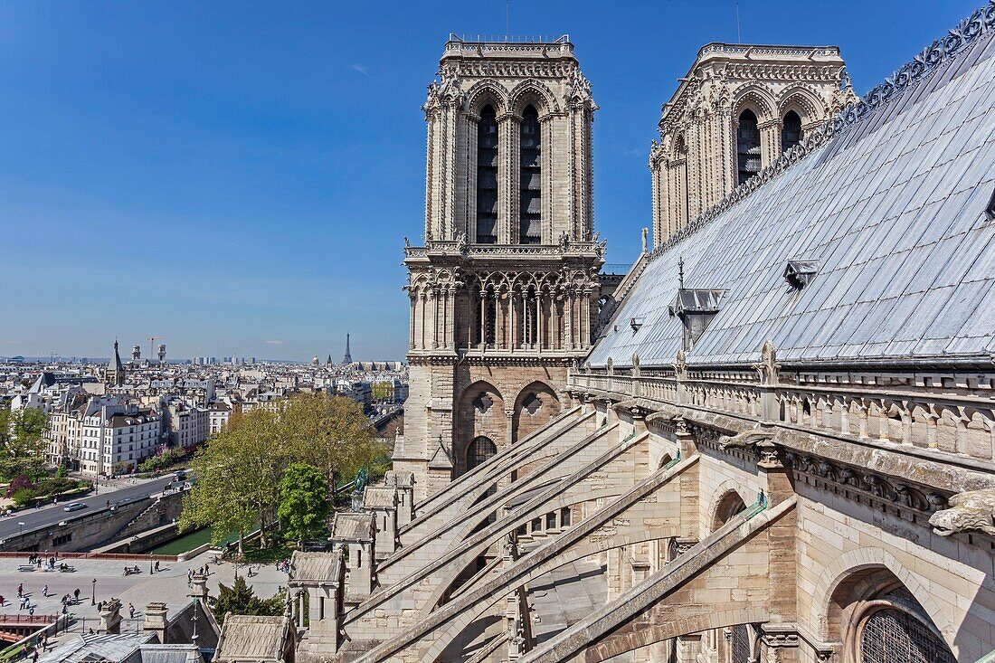 Frankreich, Paris, Weltkulturerbe der UNESCO, Kathedrale Notre-Dame auf der Stadtinsel, die Glockentürme und die fliegenden Strebepfeiler