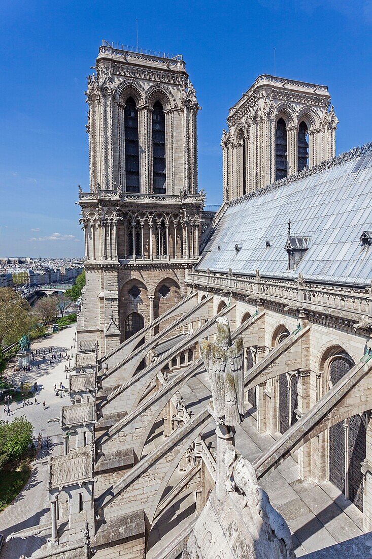 Frankreich, Paris, Weltkulturerbe der UNESCO, Kathedrale Notre-Dame auf der Stadtinsel, die Glockentürme und die fliegenden Strebepfeiler