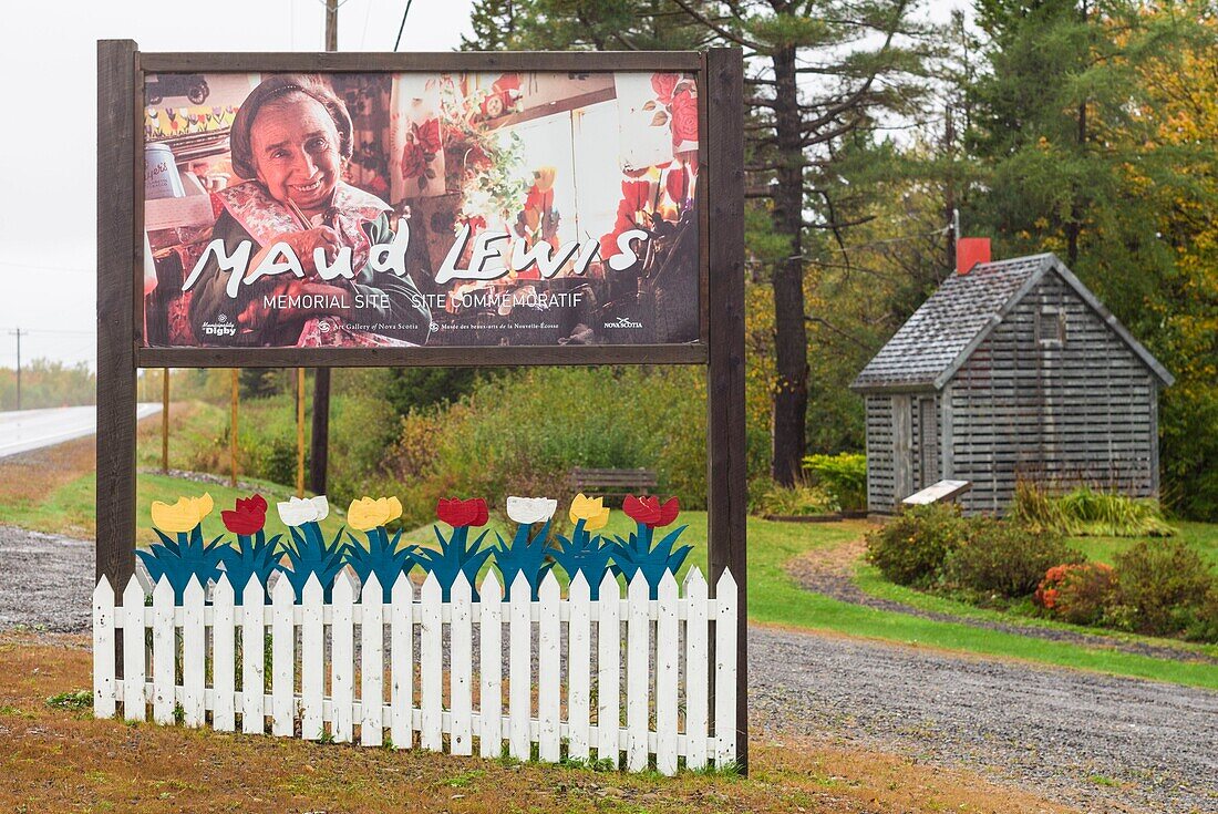 Canada, Nova Scotia, Marshalltown, memorial to painter Maude Lewis on the site of her actual house, now on display at the Art Gallery of Nova Scotia in Halifax