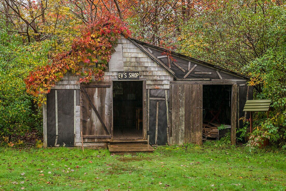 Canada, Nova Scotia, Digby, Maud Lewis House Replica built by Murray Ross, perfect replica of painter Maude Lewis's house now on display at the Art Gallery of Nova Scotia in Halifax, garage of Everett Lewis, husband of Maud Lewis, ER-CAN-18-02