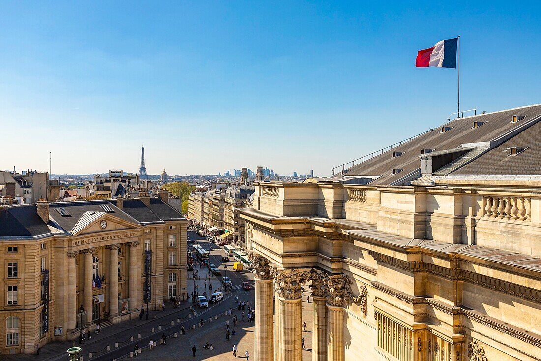 France, Paris, Latin Quarter, Pantheon (1790) neoclassical style, the roofs and the Town Hall of the 5th arrondissement