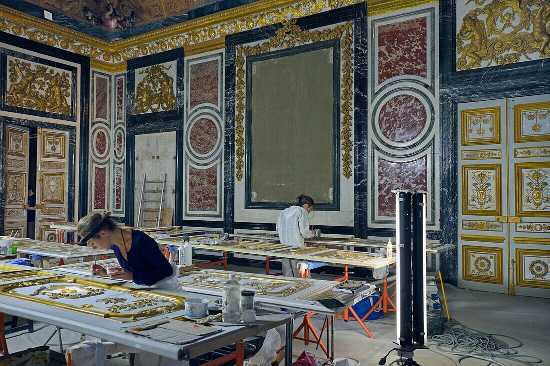 Frankreich, Yvelines, Versailles, Schloss Versailles (UNESCO-Welterbe), Empfangsappartement der Königin, der Gartensaal wird restauriert