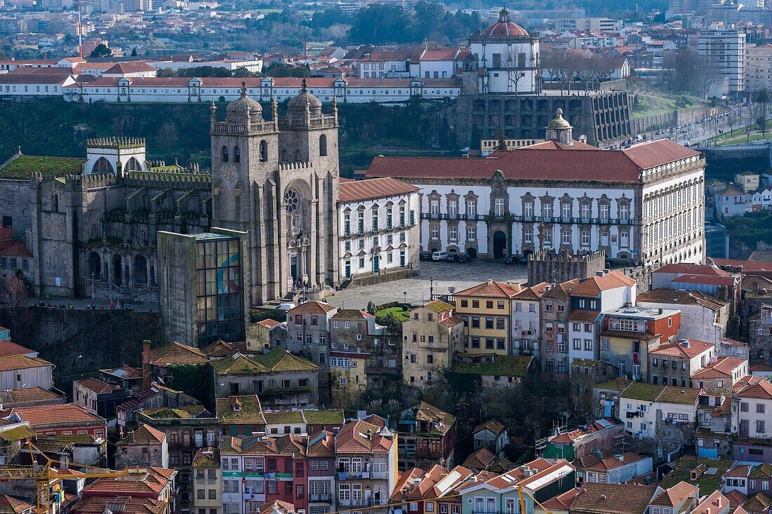 Portugal, Douro, Porto, Luftaufnahme vom Clerigos-Turm, Kathedrale und Bischofspalast