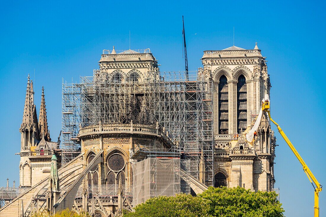 Frankreich, Paris, UNESCO-Welterbe, Ile de la Cite, Kathedrale Notre Dame, Baugerüst, Schutz nach dem Brand