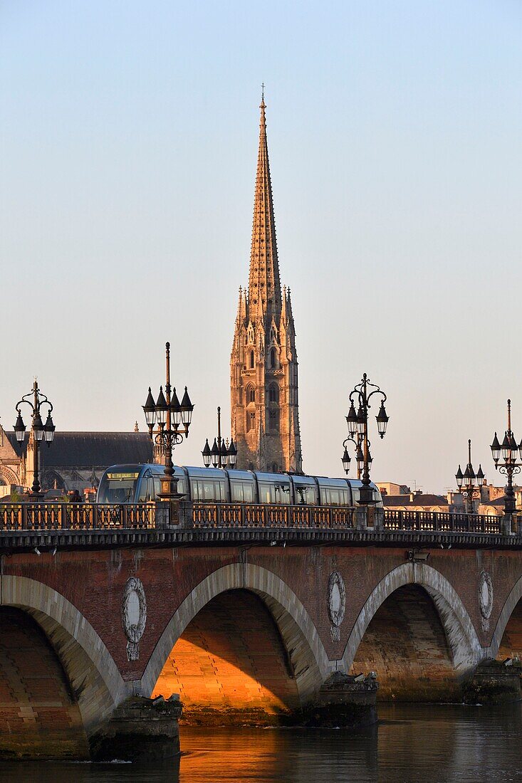 Frankreich, Gironde, Bordeaux, von der UNESCO zum Weltkulturerbe erklärtes Gebiet, die Pont de Pierre am Ufer der Garonne und die Basilika Saint Michel, die zwischen dem 14. und 16. Jahrhundert im gotischen Stil erbaut wurde und deren Turm 114 m hoch ist