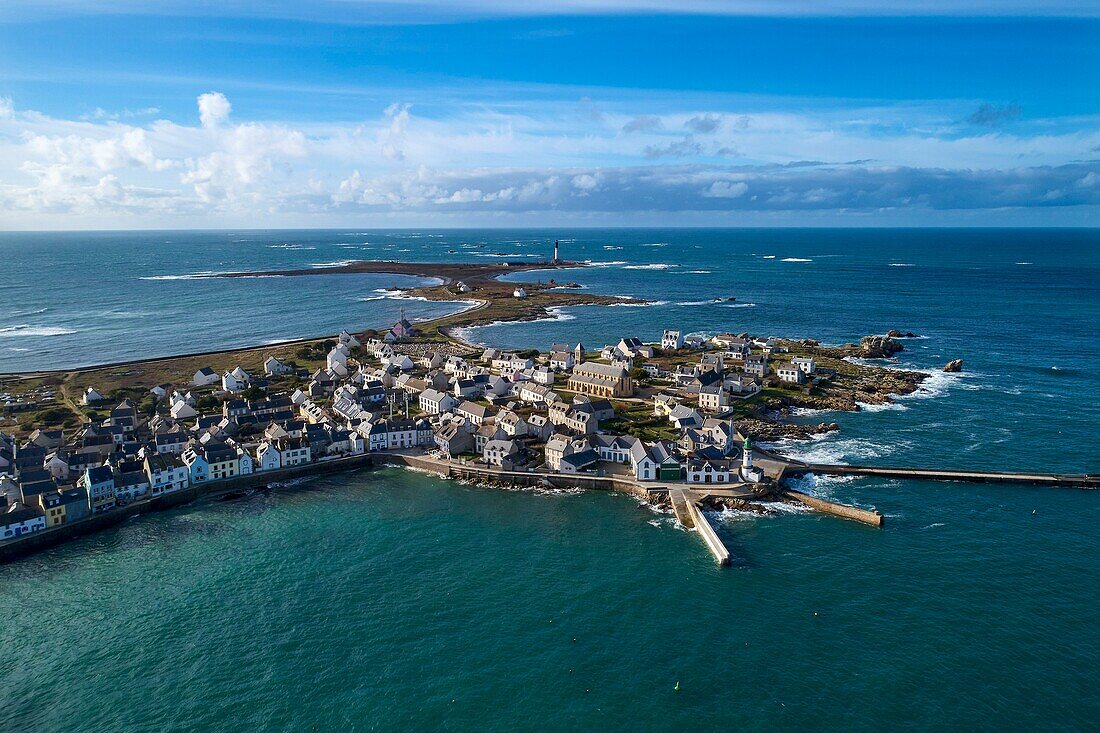 France, Finistere, Iroise Sea, Iles du Ponant, Parc Naturel Regional d'Armorique (Armorica Regional Natural Park), Ile de Sein, labelled Les Plus Beaux de France (The Most Beautiful Village of France) (aerial view)