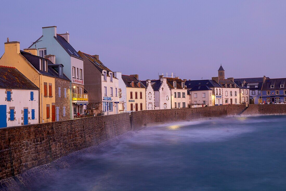 France, Finistere, Iroise Sea, Iles du Ponant, Parc Naturel Regional d'Armorique (Armorica Regional Natural Park), Ile de Sein, labelled Les Plus Beaux de France (The Most Beautiful Village of France), the houses on the quay of the Paimpolais in the early morning